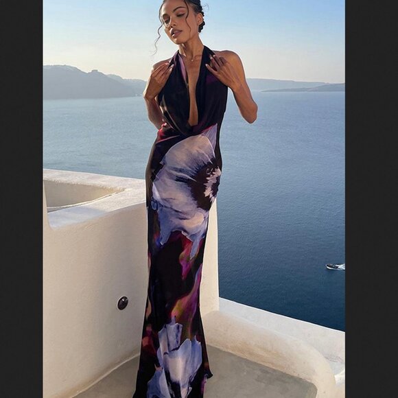 Commense Large Black Purple Floral Backless Haltner Maxi Dress Vacation Summer - Picture 3 of 5